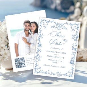 Elegant Victorian Ornate Floral Dusty Blue Wedding Save The Date