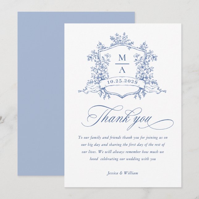 Elegant Victorian Ornate Floral Dusty Blue Wedding Thank You Card (Front/Back)