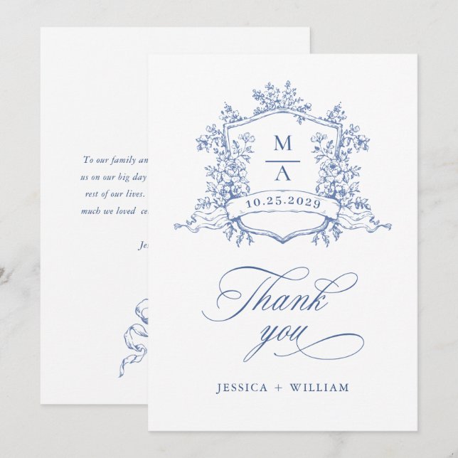 Elegant Victorian Ornate Floral Dusty Blue Wedding Thank You Card (Front/Back)