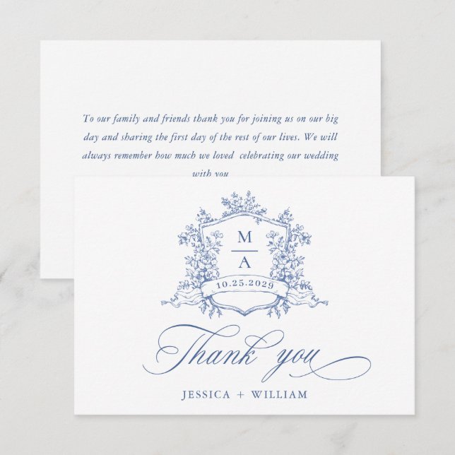Elegant Victorian Ornate Floral Dusty Blue Wedding Thank You Card (Front/Back)