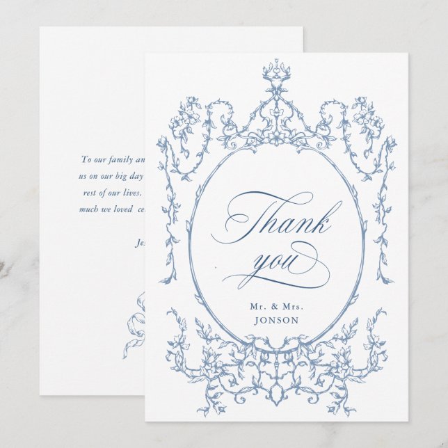 Elegant Victorian Ornate Floral Dusty Blue Wedding Thank You Card (Front/Back)