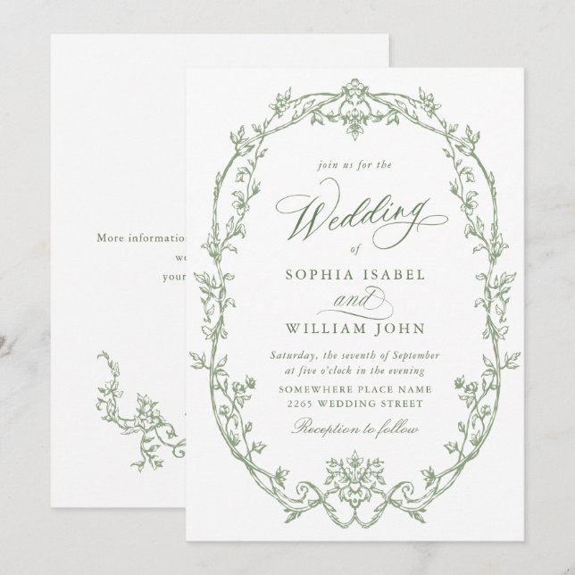 Elegant Victorian Ornate Floral Sage Green Wedding Invitation (Front/Back)