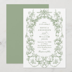 Elegant Victorian Ornate Floral Sage Green Wedding Invitation