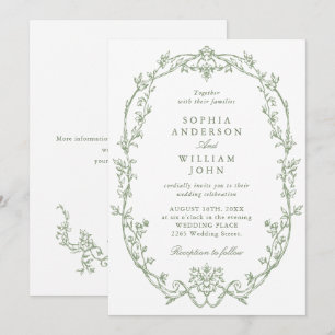 Elegant Victorian Ornate Floral Sage Green Wedding Invitation