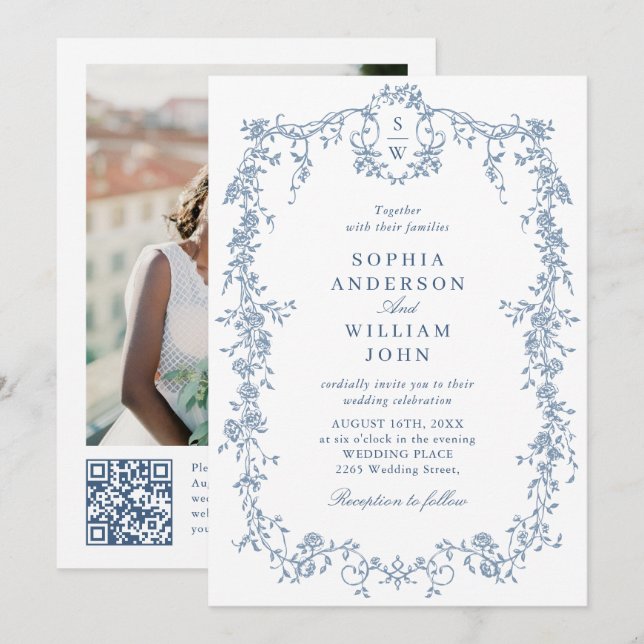 Elegant Victorian Ornate Frame Wedding QR code Invitation (Front/Back)