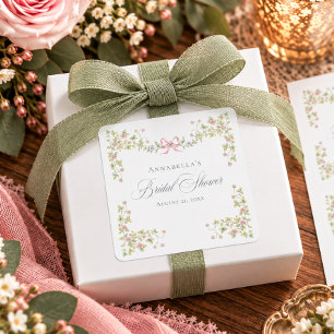Elegant Victorian Pastel Floral Bow Bridal Shower Square Sticker