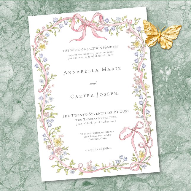 Elegant Victorian Pastel Floral Bow Wedding Invitation (Elegant Victorian Pastel Floral Bow Wedding Invitation)