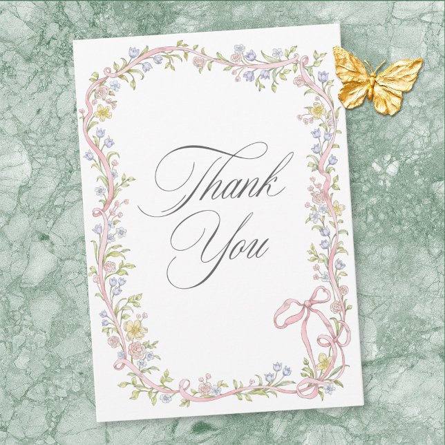 Elegant Victorian Pastel Floral Bow Wedding Thank You Card (Elegant Victorian Pastel Floral Bow Wedding Thank You Card)