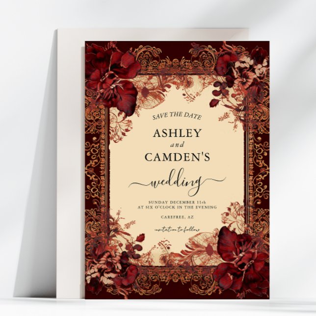 Elegant Victorian Red Gold Wedding Save The Date (Creator Uploaded)