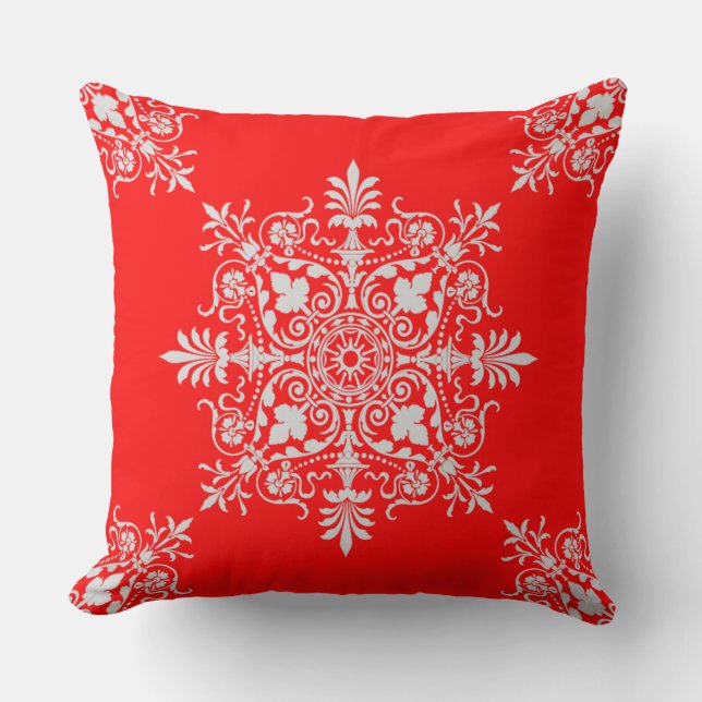 Elegant Victorian Red White Floral Swirl Pattern Throw Pillow (Front)