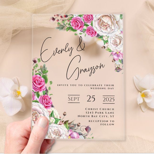 Elegant Victorian Rose Floral Wedding  Acrylic Inv Acrylic Invitations (Creator Uploaded)
