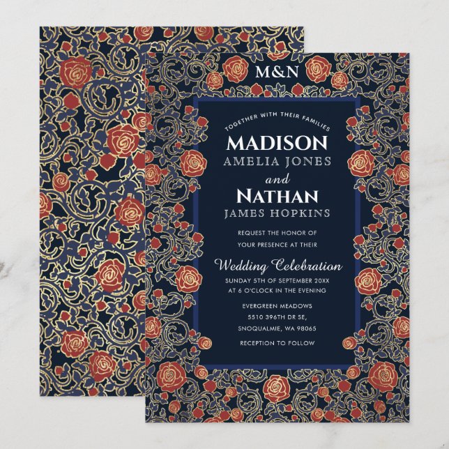 Elegant Victorian Rose Gold Foil Wedding Invitation (Front/Back)