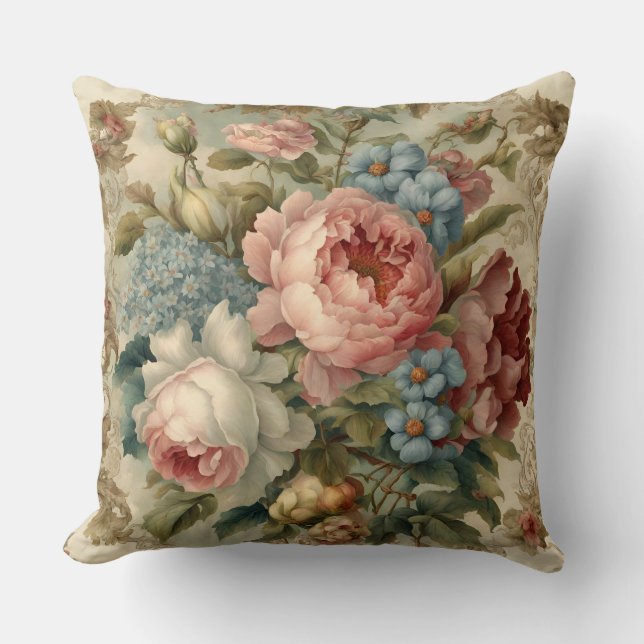 Elegant Victorian Roses, Garden Flowers  Throw Pillow (Front)