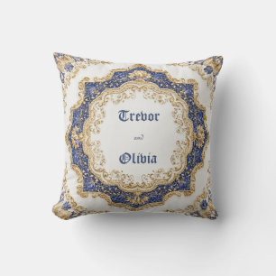 Elegant Victorian Royal Blue and Gold Baroque Throw Pillow