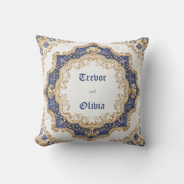 Elegant Victorian Royal Blue and Gold Baroque Throw Pillow (Front)