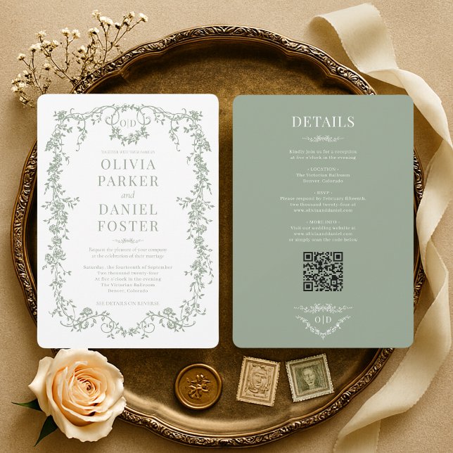 Elegant Victorian Sage Green QR Code Wedding Invitation (Creator Uploaded)