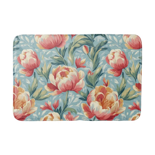 Elegant Victorian Style Floral Peonies Tulips Bath Mat (Front)