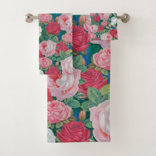 Elegant Victorian Watercolor Red and Pink Roses   Bath Towel Set