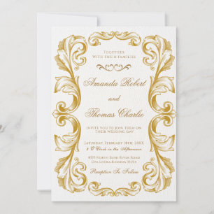 Elegant Victorian White and Gold Wedding  Invitation