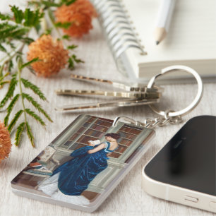 Elegant Victorian Woman Reading in Library  Keychain