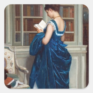 Elegant Victorian Woman Reading in Library Square Sticker