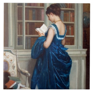 Elegant Victorian Woman Reading in Library Tile
