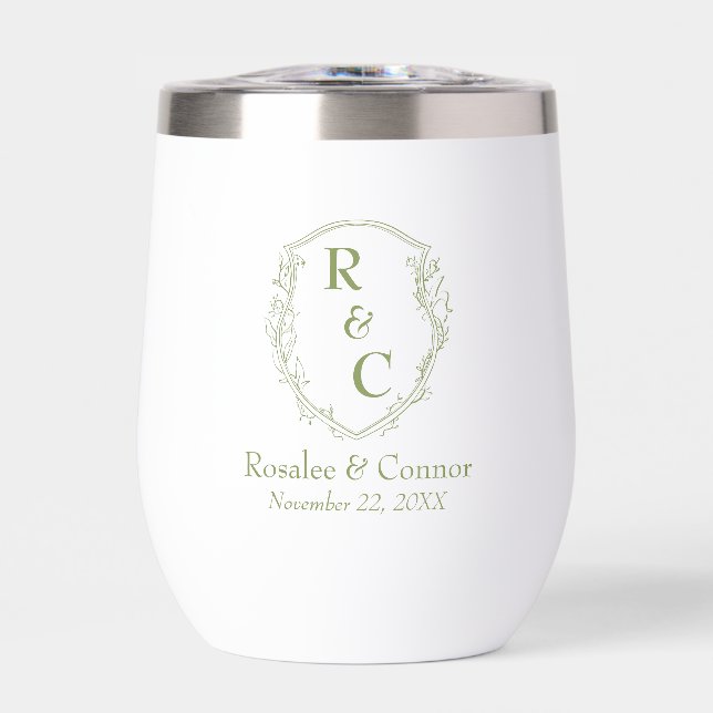 Elegant Vine Crest Monogram + Date Moss Green (Front)