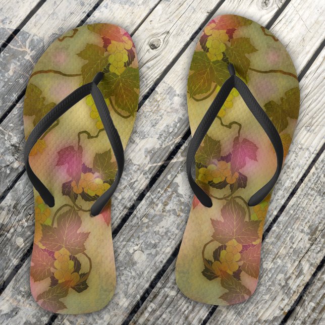 Elegant Vine Grape Art Flip Flops (Flip flops featuring an artistic design of colorful grapes and vines - for a wine lover)