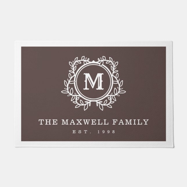 Elegant Vines Brown White Monogram Doormat (Front)