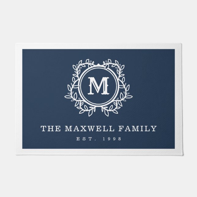 Elegant Vines Navy Blue White Monogram Doormat (Front)