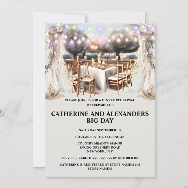Elegant vineyard country dining al fresco lights invitation (Front)