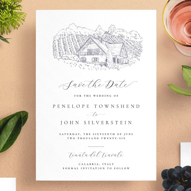 Elegant Vineyard Illustration Destination Wedding Save The Date (Elegant Vineyard Illustration Destination Wedding Save The Date)