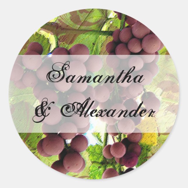 Elegant Vineyard Purple/Green Grapes Wedding Classic Round Sticker (Front)