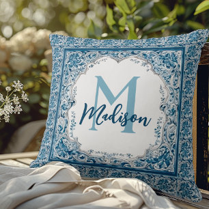 Elegant Vintage Aqua Blue Floral Monogram Throw Pillow
