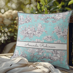 Elegant Vintage Aqua Blue Toile de Jouy Monogram Throw Pillow