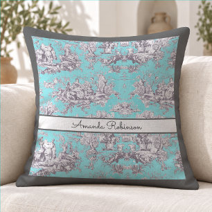 Elegant Vintage Aqua Blue Toile de Jouy Monogram Throw Pillow