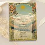 Elegant Vintage Art Nouveau Deco Nature Wedding Invitation<br><div class="desc">Vintage romantic design with elements of Art Nouveau and Art Deco with the background of whimsical nature with mountains,  hills,  and trees,  in muted tones of green and peach,  with elegant classy vintage fonts and faux gold-coloured frame with a sun.</div>