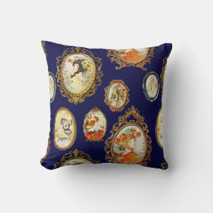 Elegant Vintage Art Nouveau Girls Flowers Frames Throw Pillow
