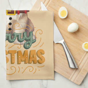 Elegant vintage artwork Santa dog Christmas  Kitchen Towel