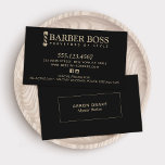 Elegant Vintage Barber Barbershop  Black and Gold  Business Card<br><div class="desc">Simple elegant black design with gold coloured  text and barber pole. For additional matching marketing materials please contact me at maurareed.designs@gmail.com. For more premade logos visit logoevolution.co. Original design by Maura Reed.</div>