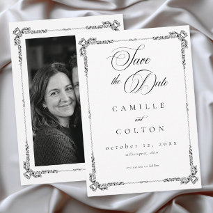 Elegant Vintage Baroque Black White Wedding Photo Save The Date