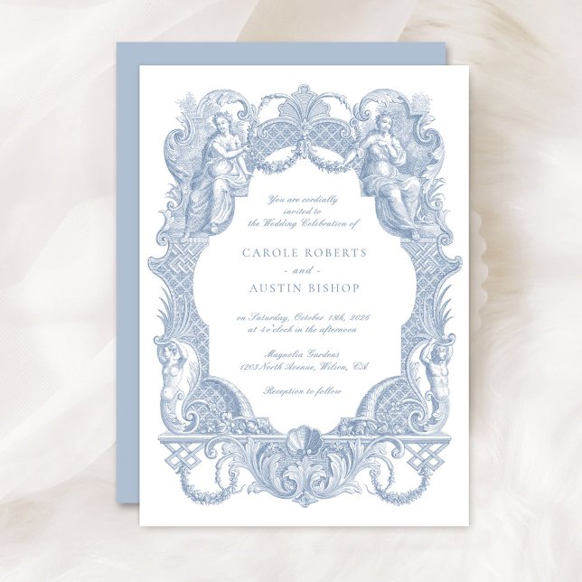 Elegant Vintage Baroque Blue Toile Frame Wedding Invitation (Creator Uploaded)