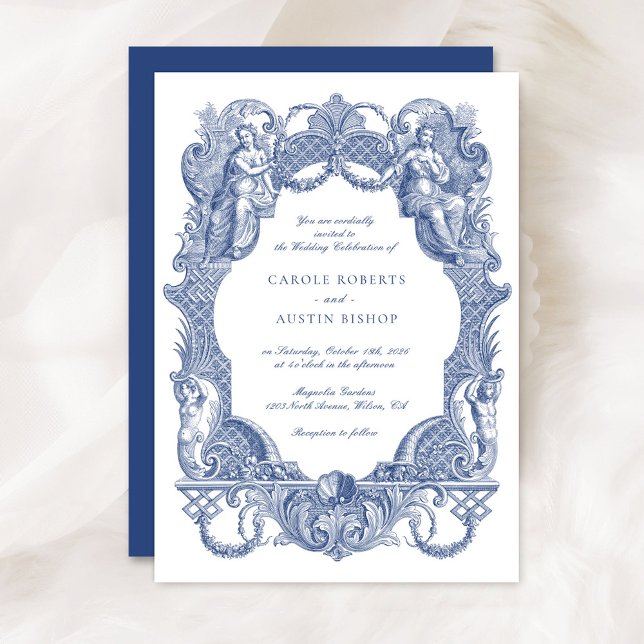 Elegant Vintage Baroque Blue Toile Frame Wedding Invitation (Creator Uploaded)