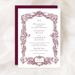Elegant Vintage Baroque Floral Burgundy Wedding Invitation