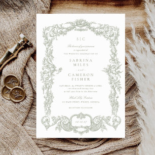 Elegant Vintage Baroque Floral Sage Frame Wedding Invitation