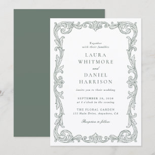 Elegant Vintage Baroque Frame Sage Green Wedding Invitation