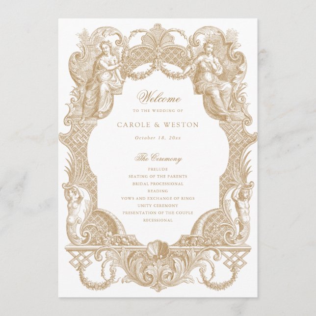 Elegant Vintage Baroque Frame Toile Gold Wedding Program (Front)