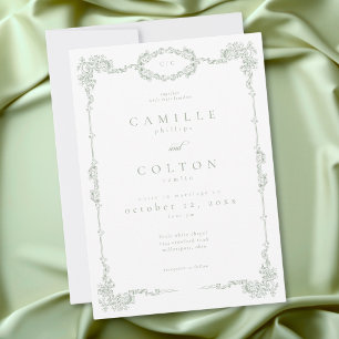 Elegant Vintage Baroque Sage Green Wedding Invitation