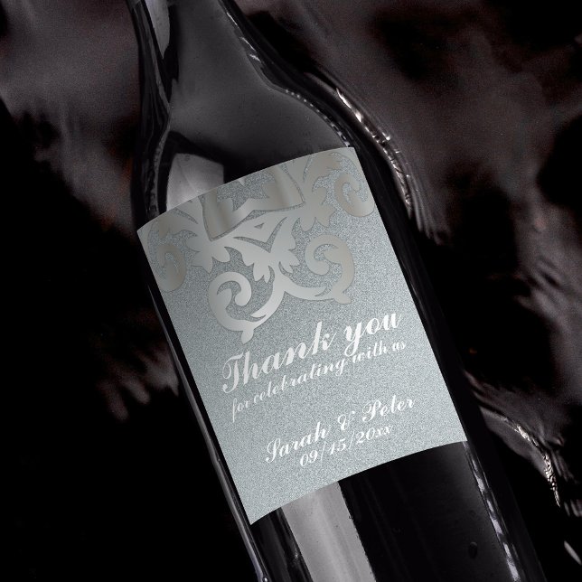 Elegant Vintage Baroque Silver Damask Wedding Wine Label (Creator Uploaded)