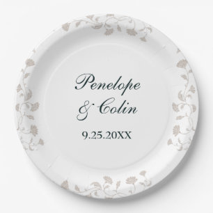 Elegant Vintage Beige Bride Groom Names Wedding Paper Plate